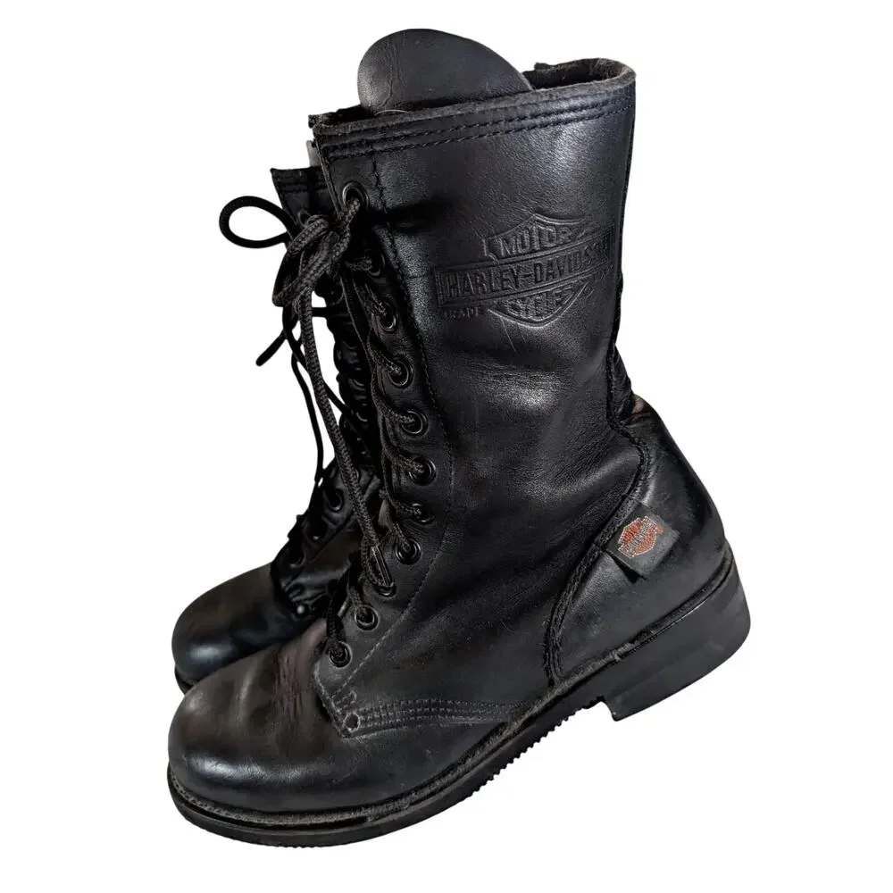 HARLEY DAVIDSON! BLACK GENUINE LEATHER CLASSIC HEAVY DUTY BIKER BOOTS! SZ 11M